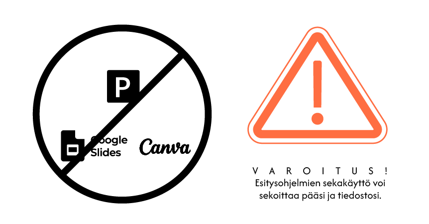 Kielletty-merkki PowerPointin, Google Slidesin ja Canvan logojen päällä sekä oranssi varoituskolmio ja teksti: "Varoitus! Esitysohjelmien sekakäyttö voi sekoittaa pääsi ja tiedostosi."