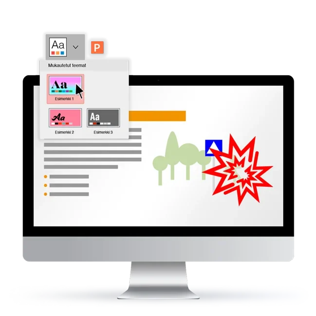 Tietokoneen näytöllä esitys ja esitysteeman valikko
